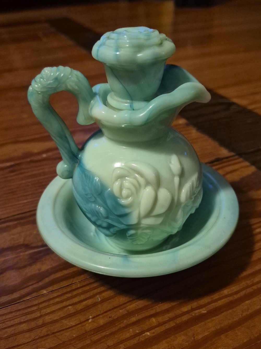 Avon 3 Piece Seafoam Green Floral Ceramic Pitcher with Saucer And Lid